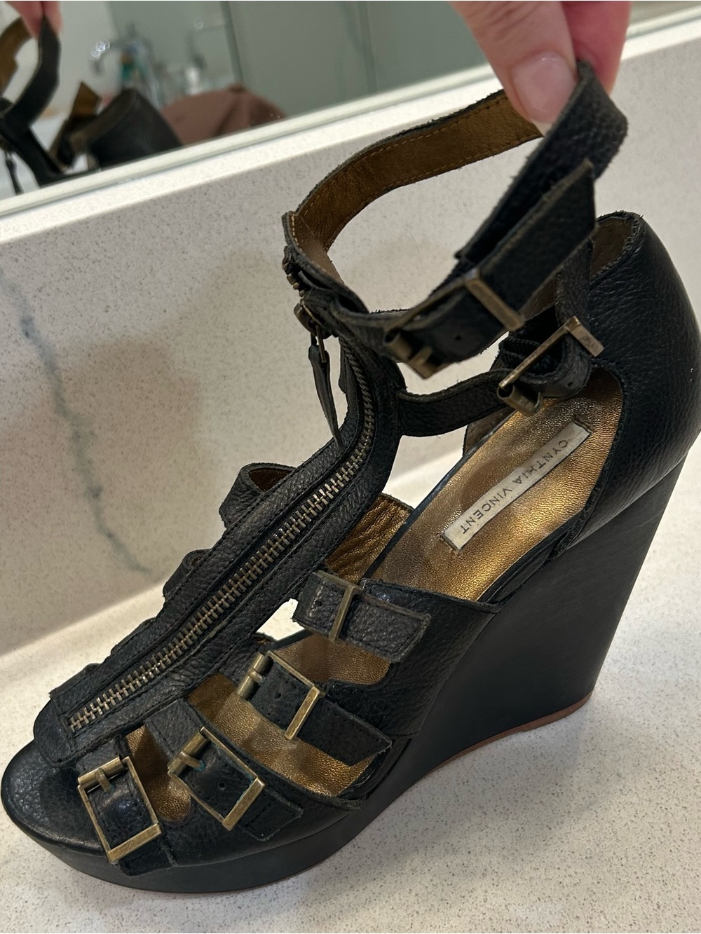The Cynthia Vincent Jagger Leather Gladiator Wedge